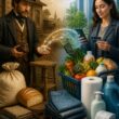 A split historical and modern scene comparing what $150 could purchase in 1860 with comparable goods today.