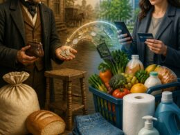 A split historical and modern scene comparing what $150 could purchase in 1860 with comparable goods today.