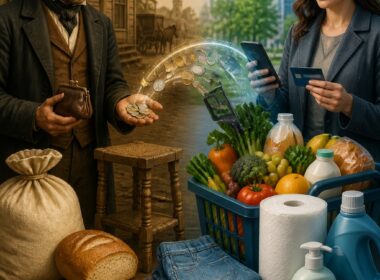 A split historical and modern scene comparing what $150 could purchase in 1860 with comparable goods today.