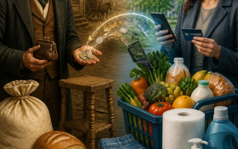 A split historical and modern scene comparing what $150 could purchase in 1860 with comparable goods today.