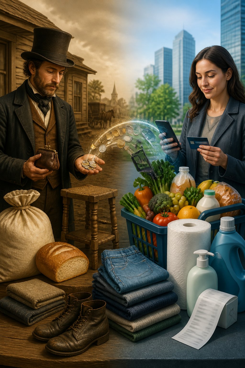 A split historical and modern scene comparing what $150 could purchase in 1860 with comparable goods today.