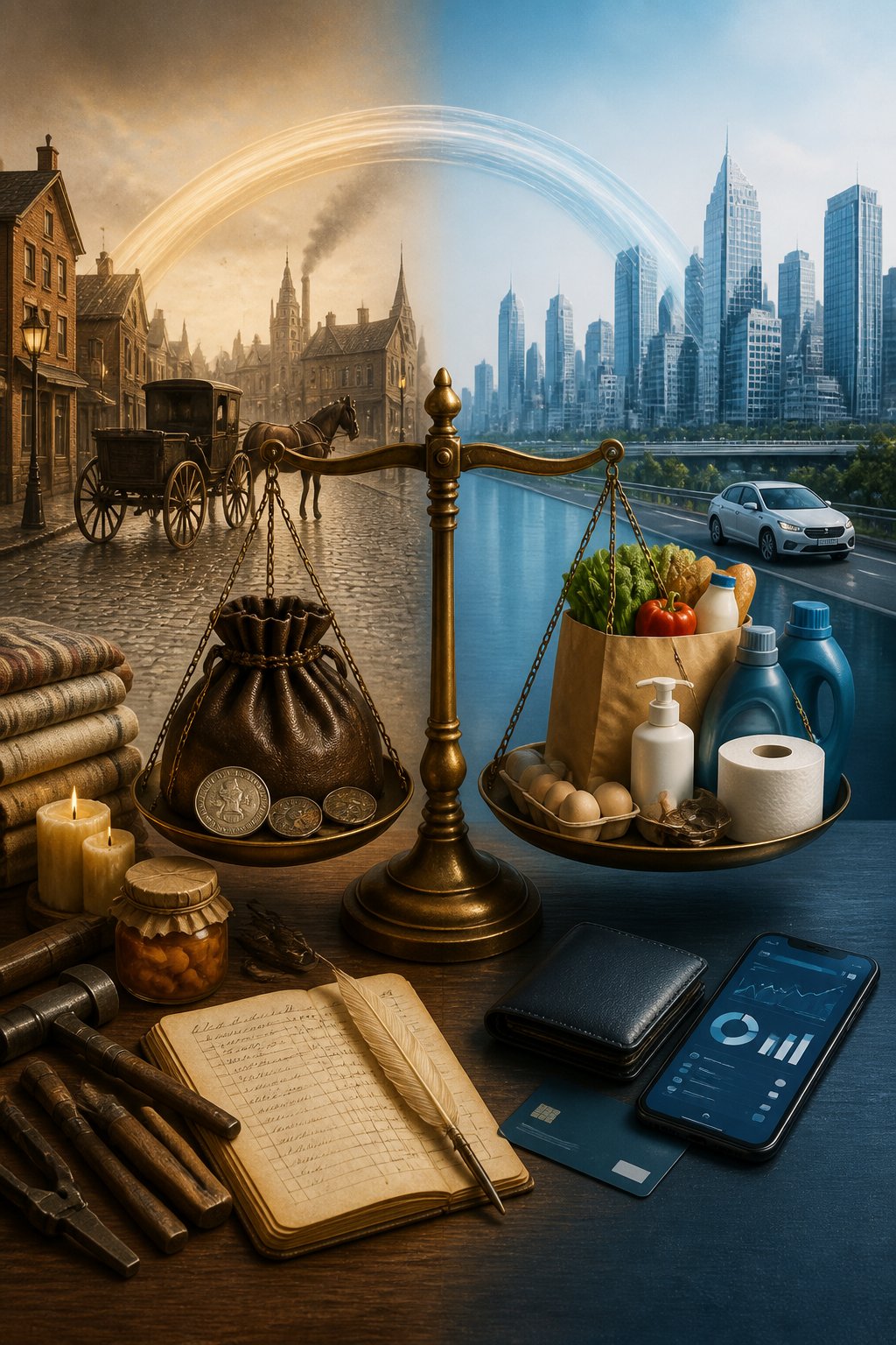 A split-era scene compares money and everyday goods from 1860 with modern household purchases.