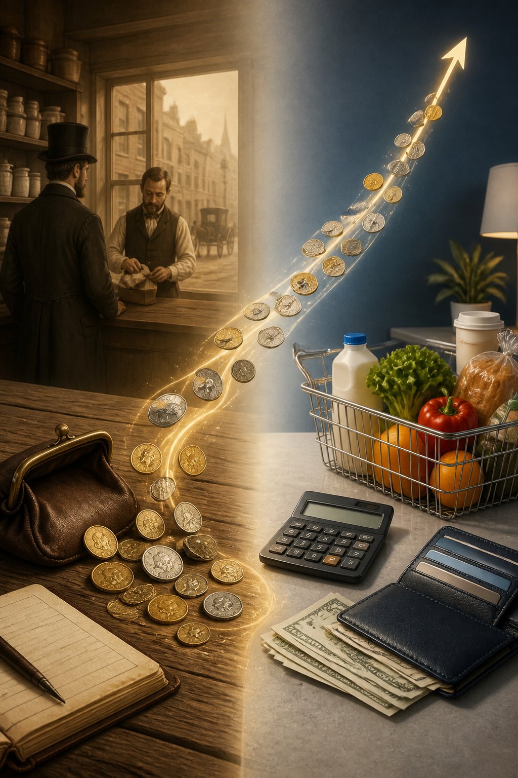 An illustration compares an 1860s coin purse and ledger with modern money, a calculator, and everyday purchases, connected by a visual inflation-adjustment pathway.