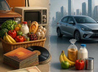 A split-era comparison shows a larger selection of everyday goods beside money in a 1980s setting and a smaller selection of modern essentials on the other side.