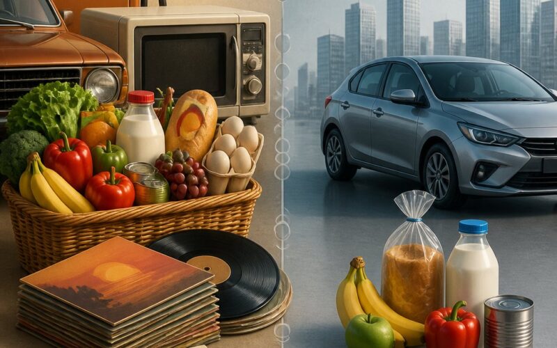 A split-era comparison shows a larger selection of everyday goods beside money in a 1980s setting and a smaller selection of modern essentials on the other side.