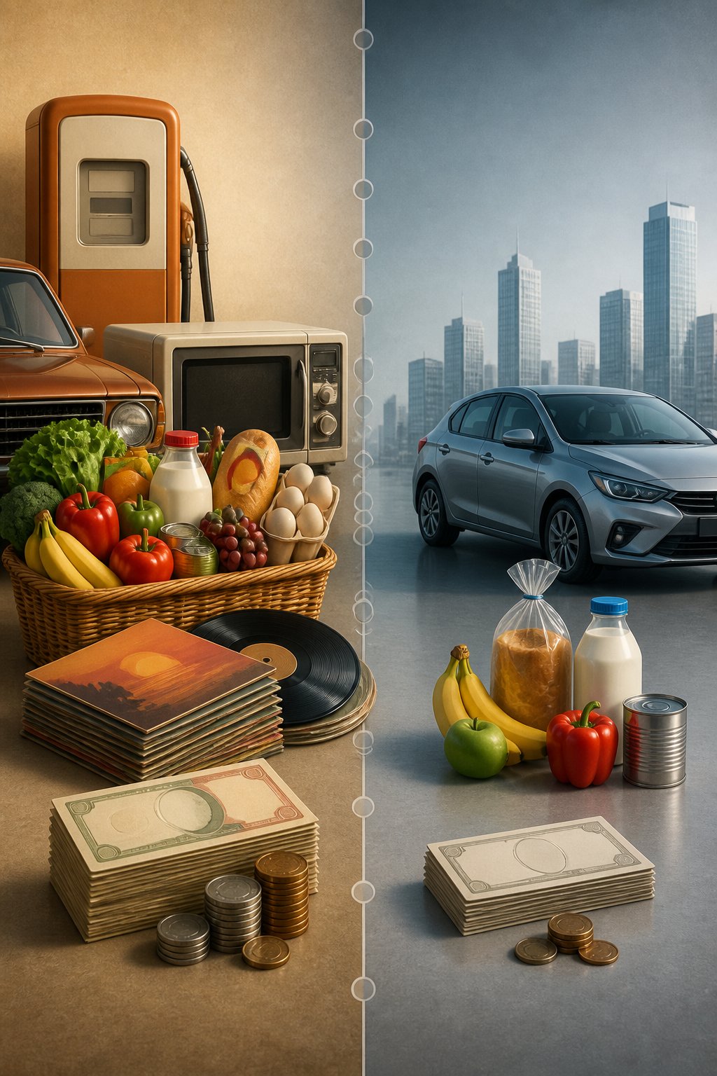 A split-era comparison shows a larger selection of everyday goods beside money in a 1980s setting and a smaller selection of modern essentials on the other side.