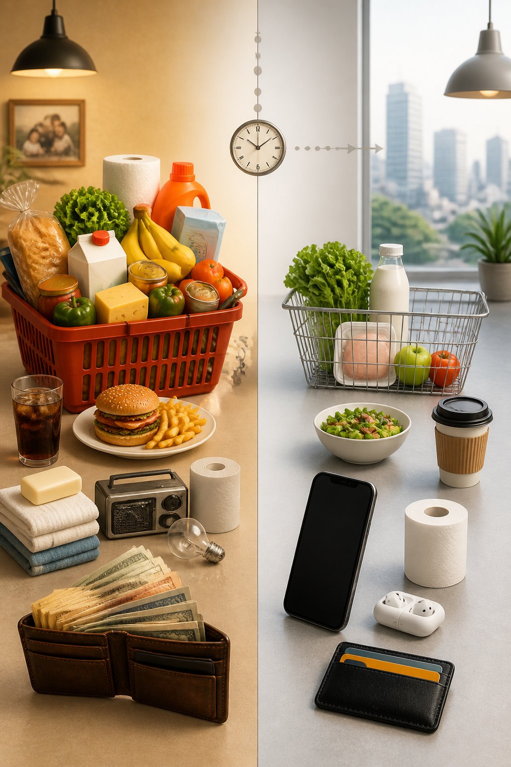 A split-era comparison showing everyday goods bought with the same amount of money in 1980 and today.