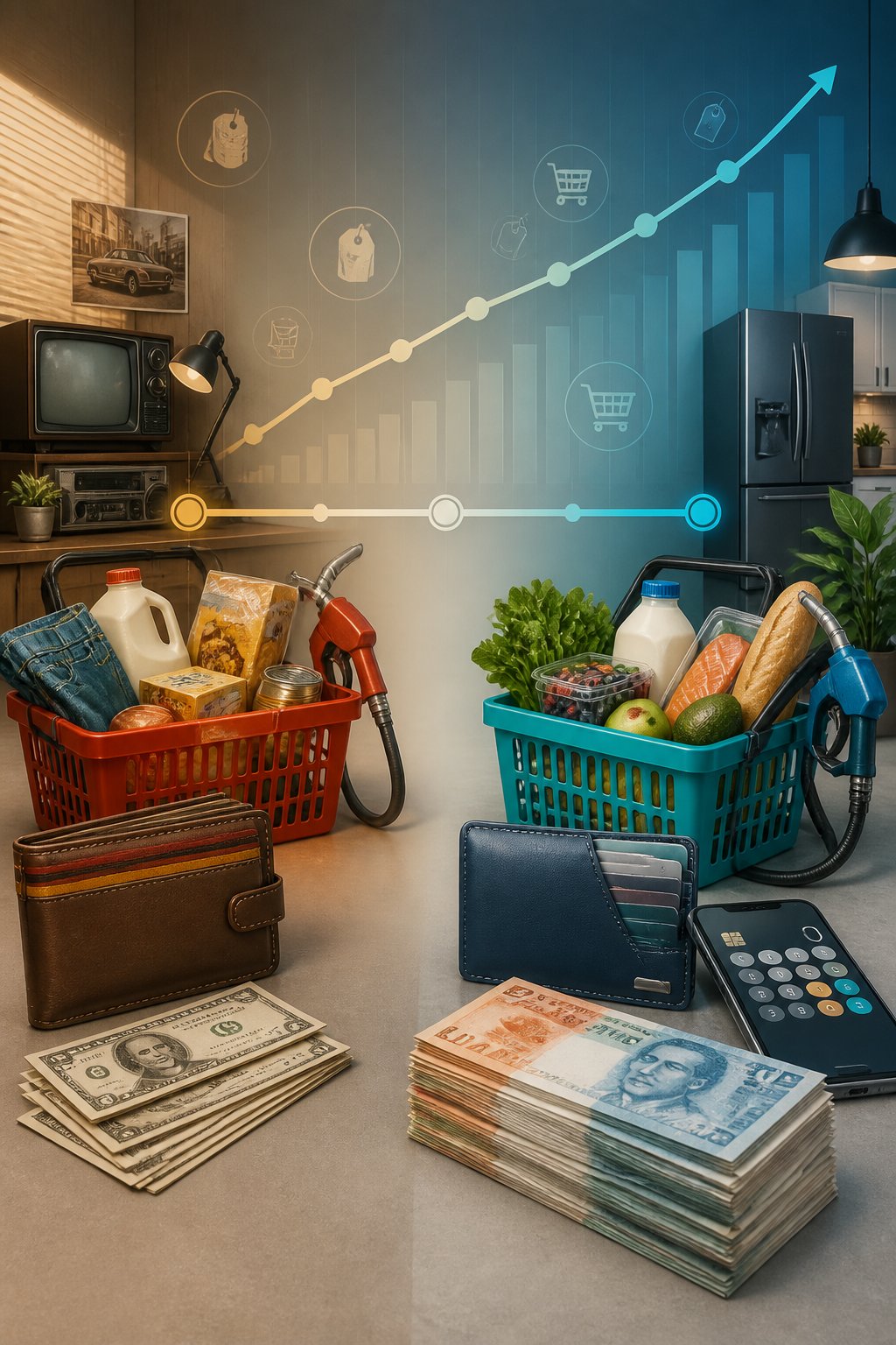 A visual comparison of the purchasing power of money in 1980 and today, showing a timeline, everyday goods, and a rising price trend.