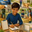 A young person completes small neighborhood chores while a parent supervises, with earnings organized near a savings jar.