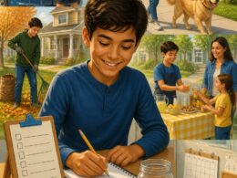 A young person completes small neighborhood chores while a parent supervises, with earnings organized near a savings jar.