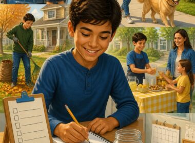 A young person completes small neighborhood chores while a parent supervises, with earnings organized near a savings jar.