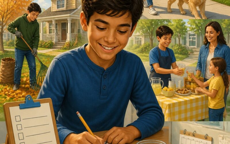 A young person completes small neighborhood chores while a parent supervises, with earnings organized near a savings jar.