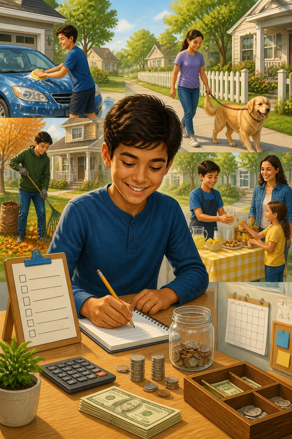 A young person completes small neighborhood chores while a parent supervises, with earnings organized near a savings jar.