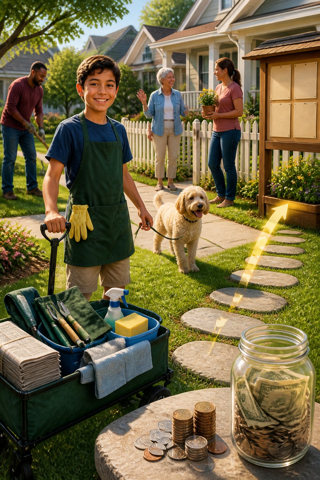 A child offers helpful neighborhood services while saving money in a jar, with gardening tools, a dog, flyers, and car-washing supplies nearby.