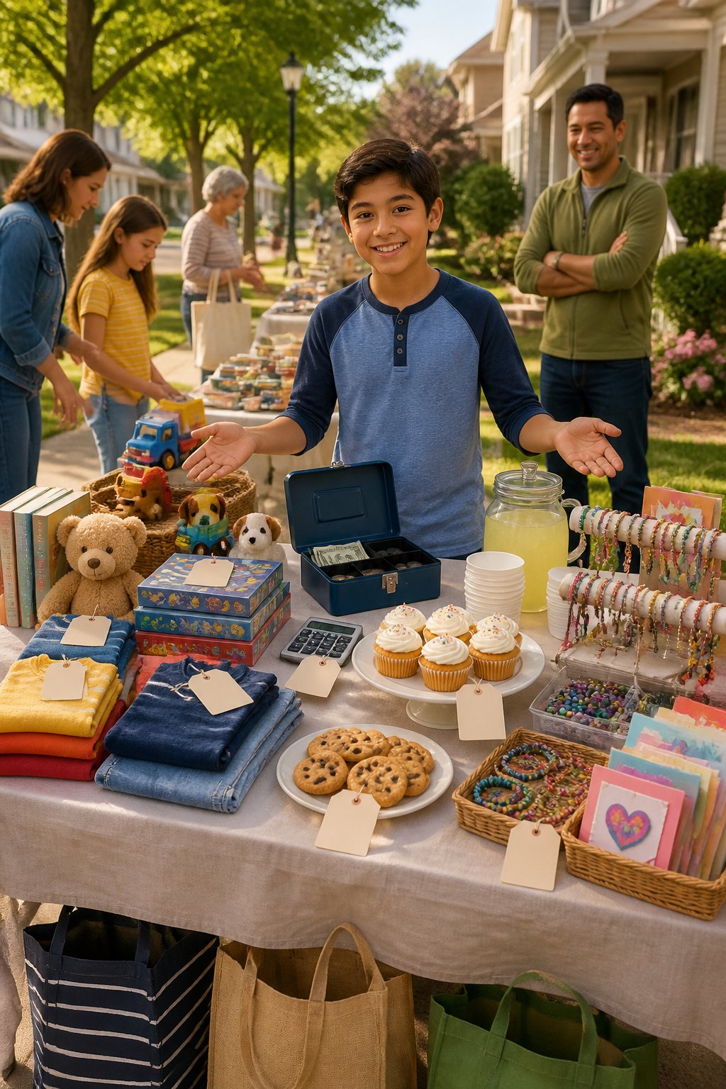 A child sells used items, homemade treats, and handmade crafts at a supervised neighborhood market table.