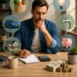 A worker reviews daily earnings and household expenses at a desk.