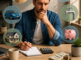 A worker reviews daily earnings and household expenses at a desk.