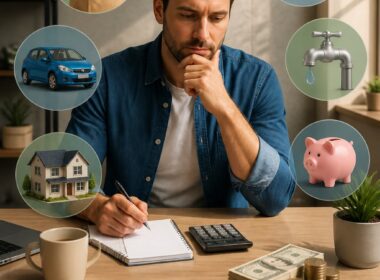 A worker reviews daily earnings and household expenses at a desk.