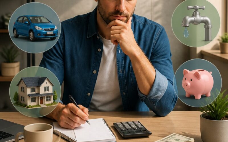 A worker reviews daily earnings and household expenses at a desk.