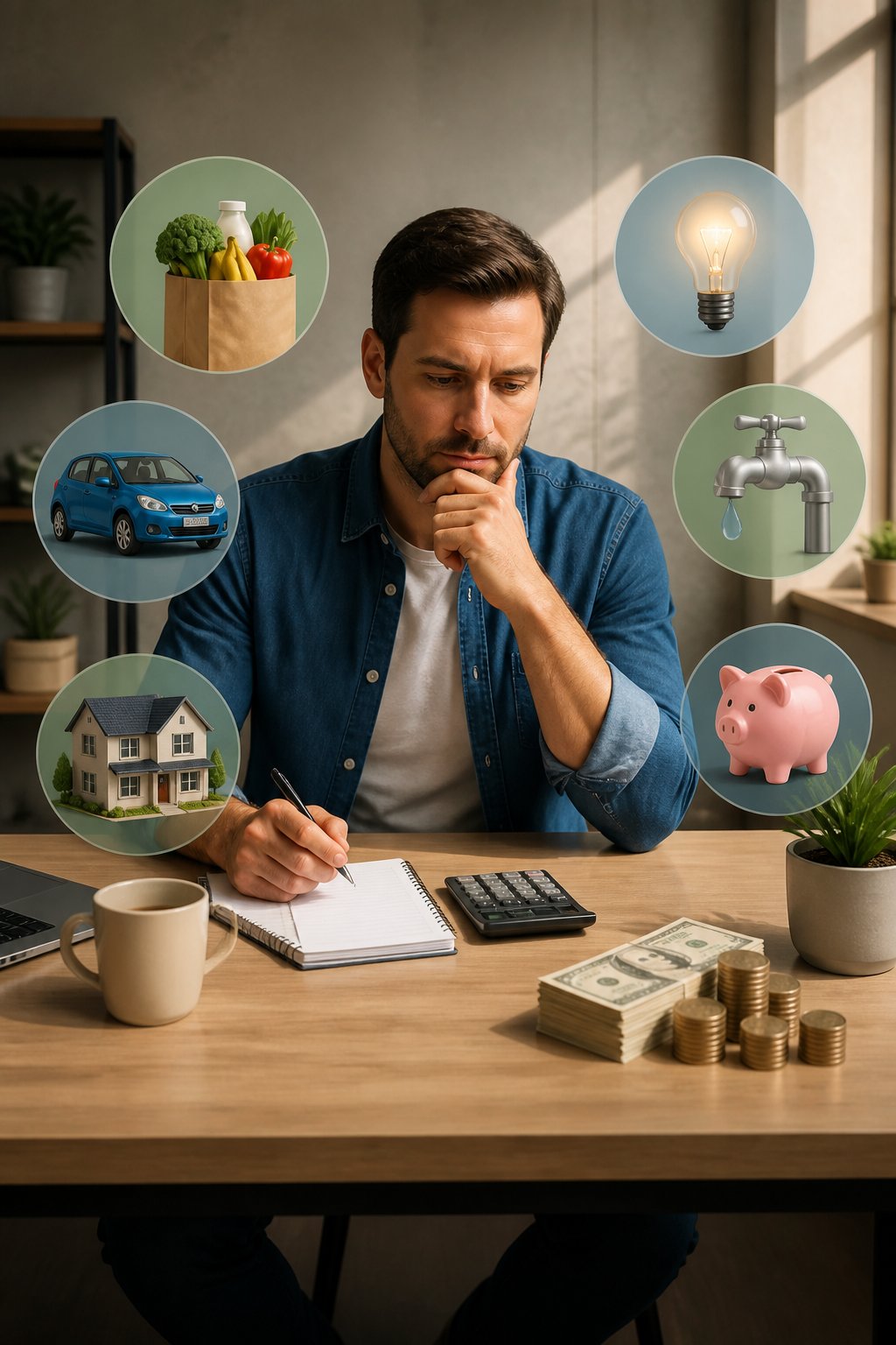 A worker reviews daily earnings and household expenses at a desk.
