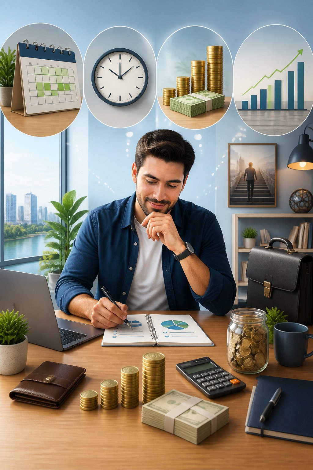 A worker reviews finances at a desk surrounded by a calendar, clock, money, calculator, and rising chart.