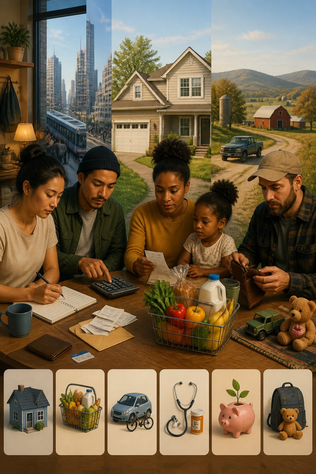 A household compares everyday expenses across city, suburban, and rural living environments.