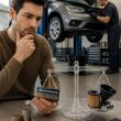 A customer compares payment items while a mechanic services a car in an auto repair shop.