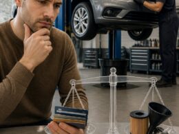 A customer compares payment items while a mechanic services a car in an auto repair shop.