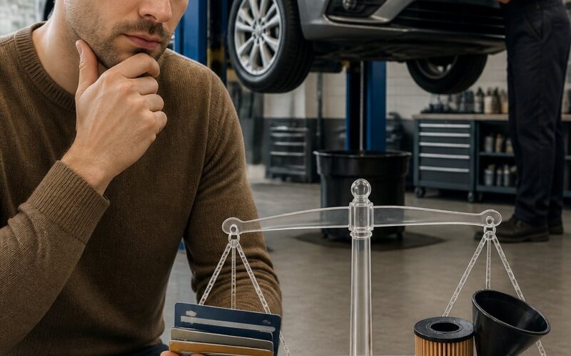 A customer compares payment items while a mechanic services a car in an auto repair shop.