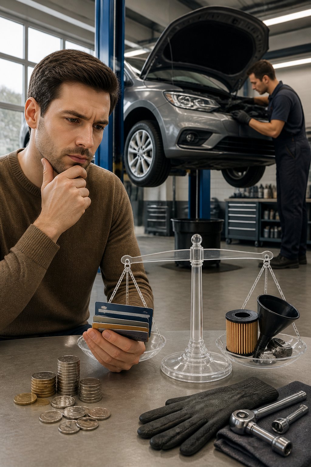 A customer compares payment items while a mechanic services a car in an auto repair shop.