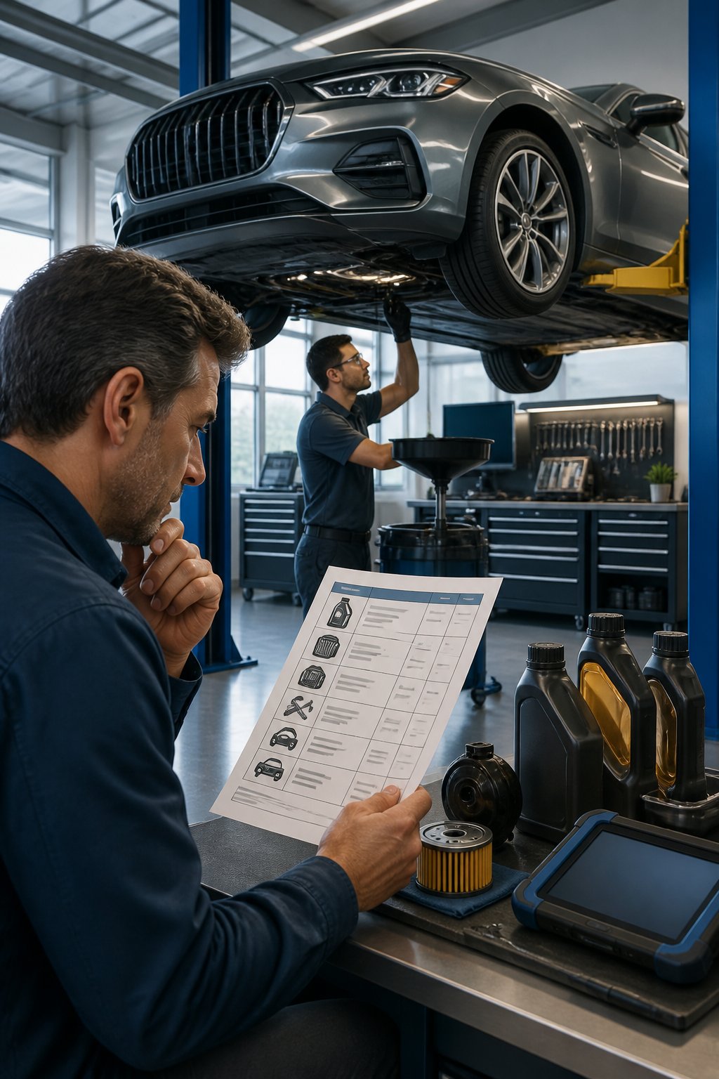 A customer reviews an oil change estimate while a mechanic services a car in a clean professional workshop.