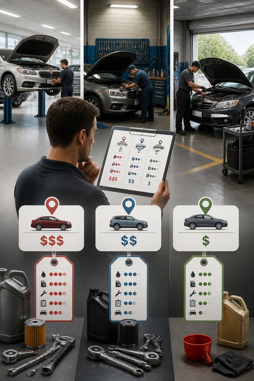 A customer compares oil-change services at a dealership, independent repair shop, and quick-lube center.