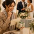 A wedding guest considers a wrapped gift and envelope while the newlywed couple celebrates in the background.