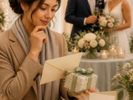 A wedding guest considers a wrapped gift and envelope while the newlywed couple celebrates in the background.