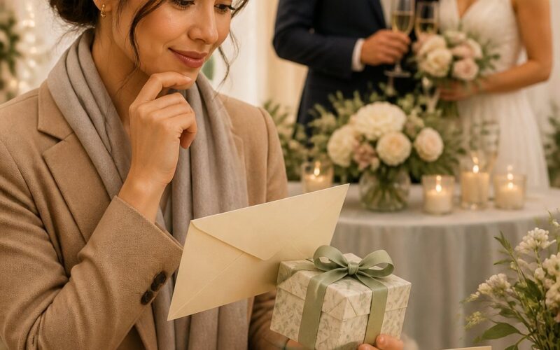 A wedding guest considers a wrapped gift and envelope while the newlywed couple celebrates in the background.