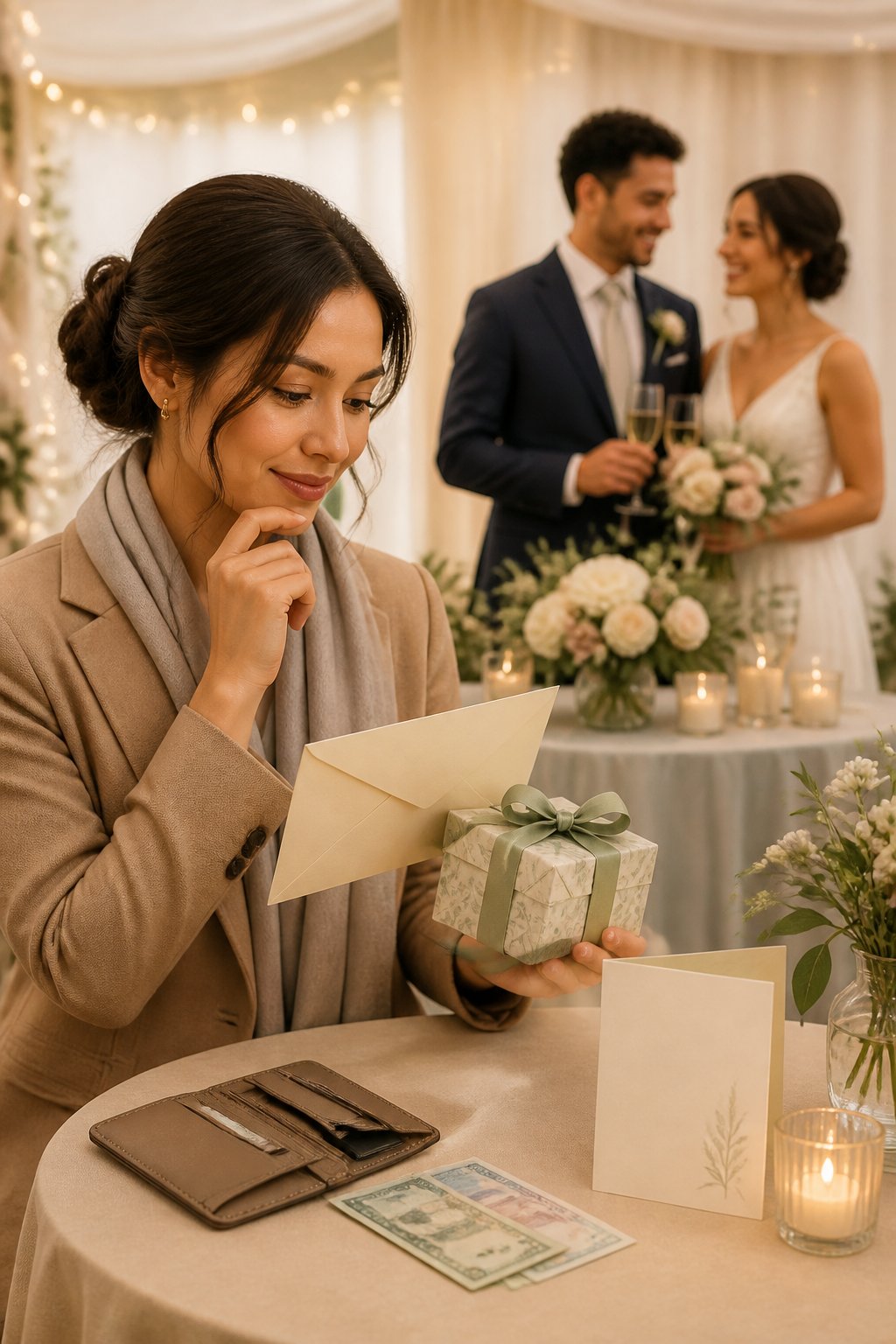 A wedding guest considers a wrapped gift and envelope while the newlywed couple celebrates in the background.