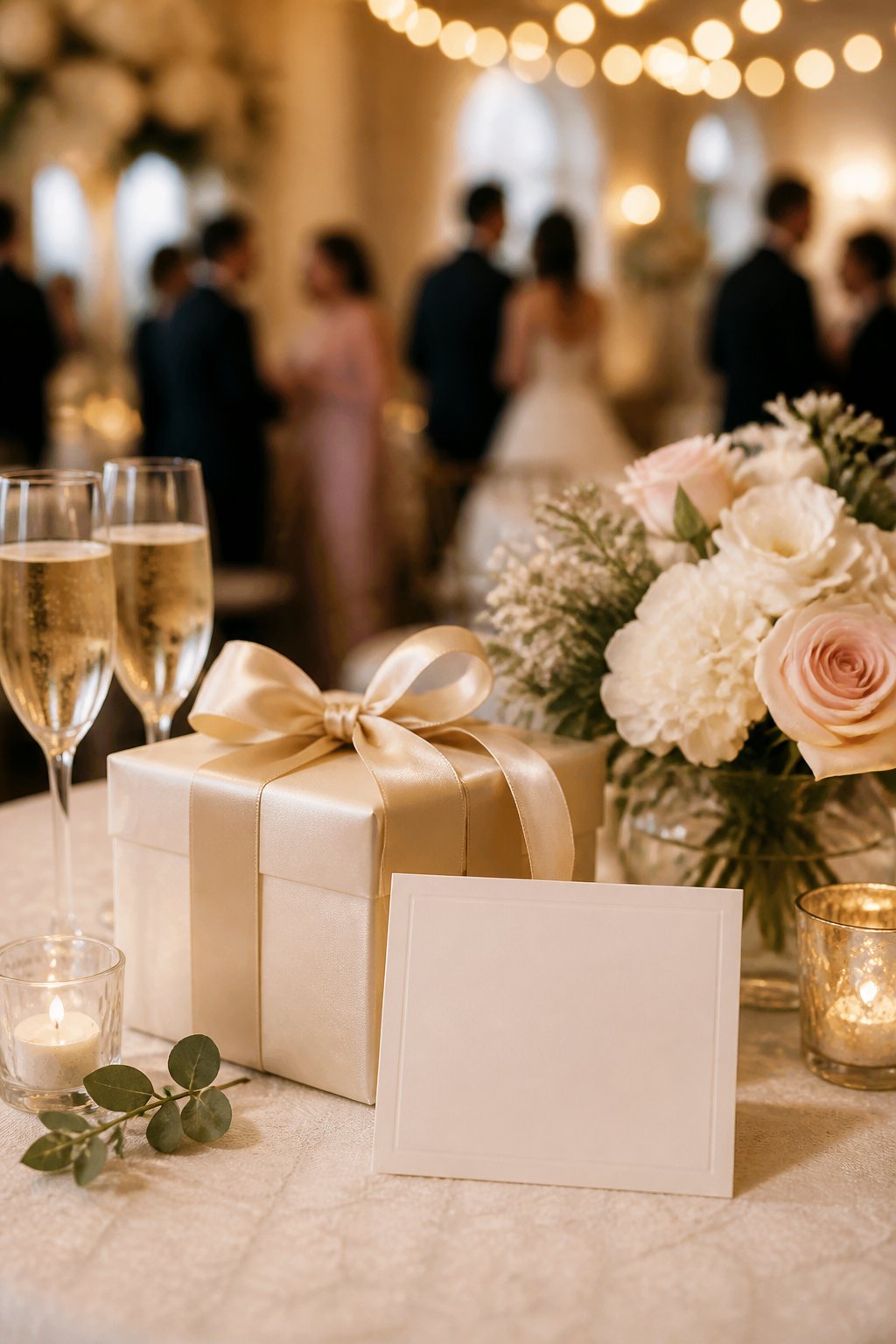 A wrapped wedding gift and blank card on a decorated reception table with flowers and champagne glasses.