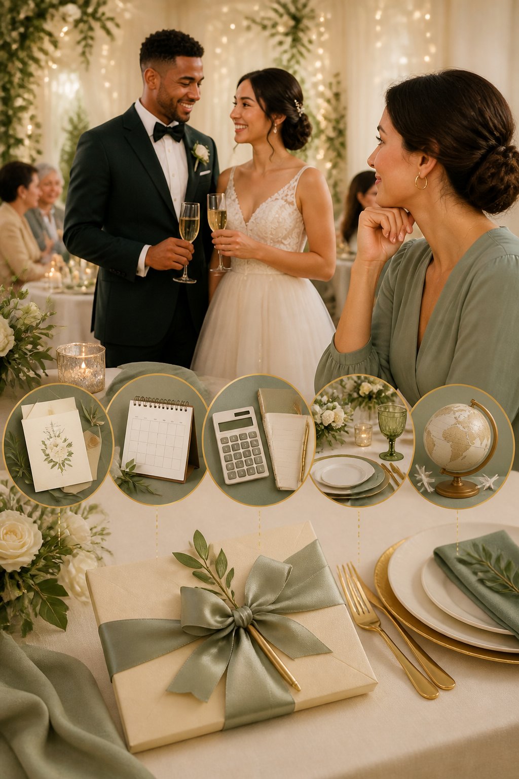 A wedding guest thoughtfully considers a wrapped gift at an elegant reception while a newlywed couple celebrates nearby.