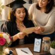 A graduate thoughtfully receives a gift from a supportive loved one while considering practical financial choices.