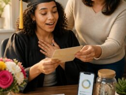 A graduate thoughtfully receives a gift from a supportive loved one while considering practical financial choices.