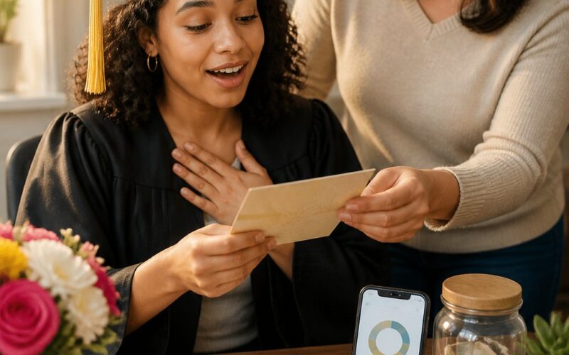 A graduate thoughtfully receives a gift from a supportive loved one while considering practical financial choices.