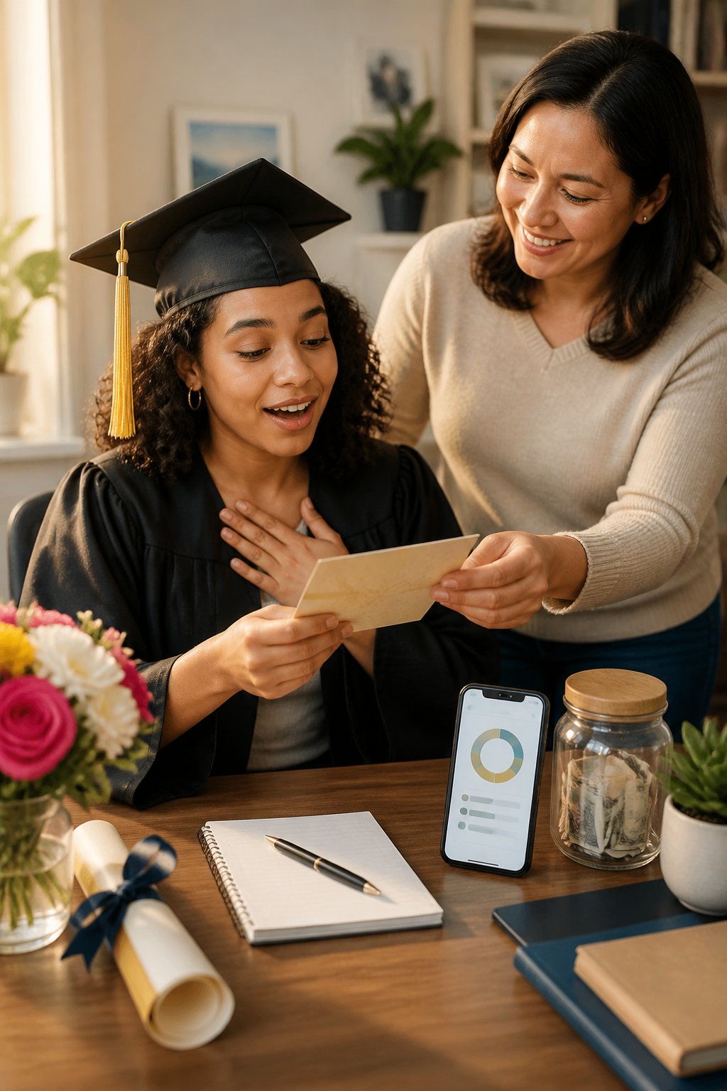 A graduate thoughtfully receives a gift from a supportive loved one while considering practical financial choices.