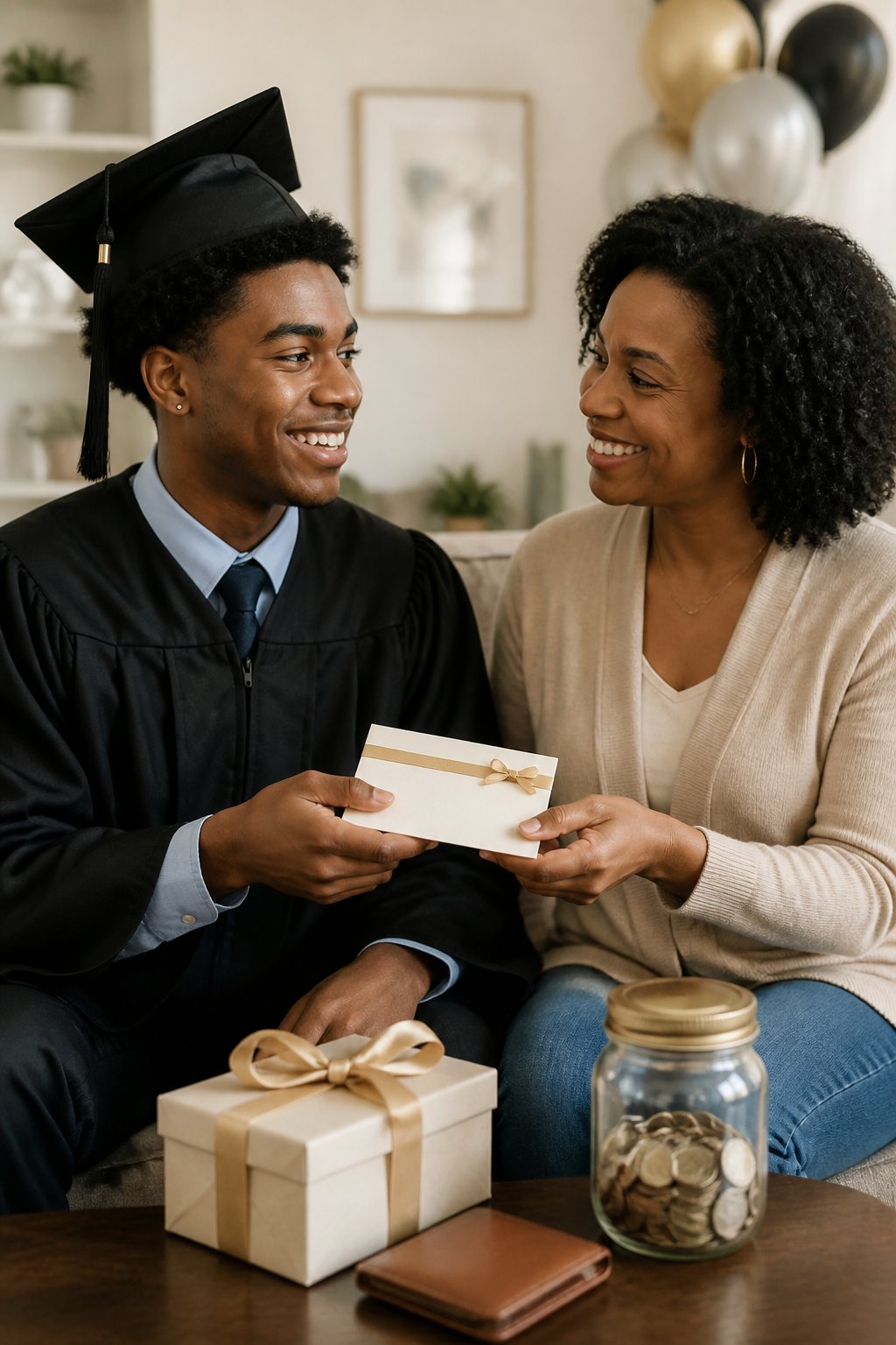 A graduate in a cap and gown receives a thoughtful gift from a supportive family member.