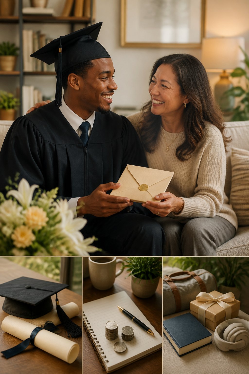 A graduate celebrates with a supportive loved one while receiving a thoughtfully wrapped monetary gift.
