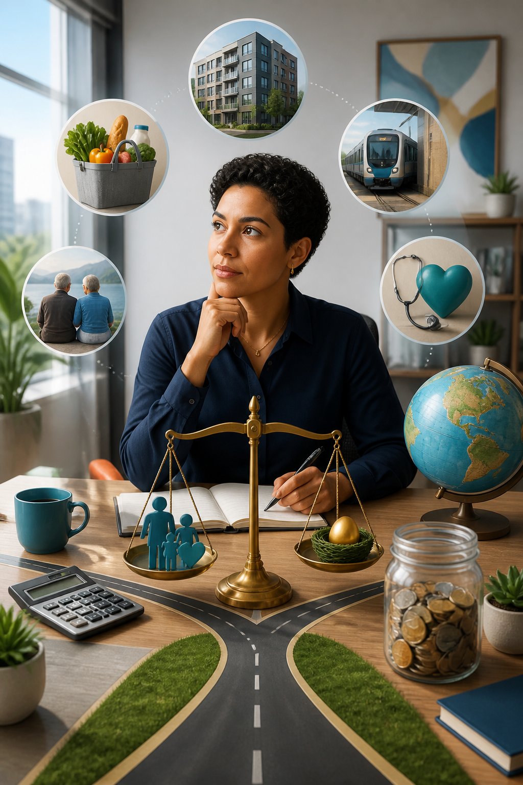 A professional considers salary and lifestyle choices while comparing savings, expenses, housing, transportation, and other financial priorities.