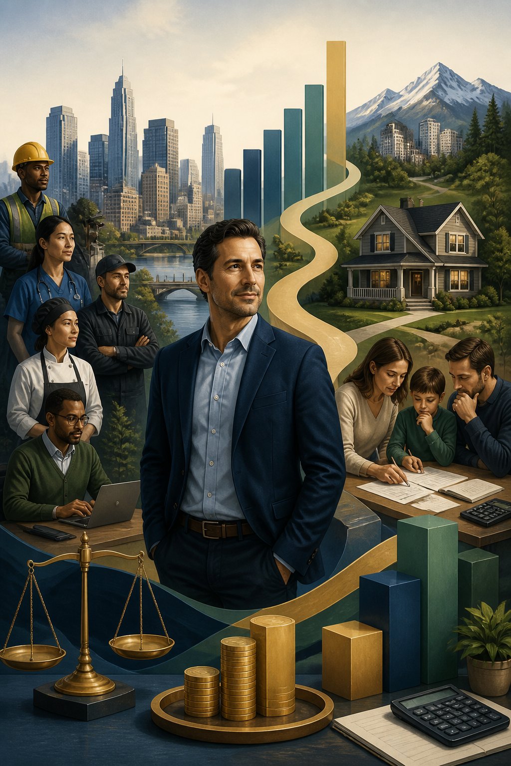 A professional stands among symbols of income, housing, family finances, workers, and varying regional costs.