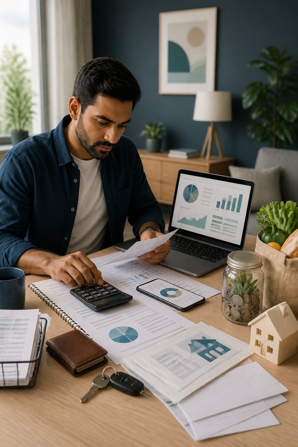 A professional reviewing a household budget with a calculator, bills, groceries, and savings items at a desk.