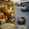 A split-era comparison shows abundant 1960s goods beside fewer modern goods to illustrate changing purchasing power.