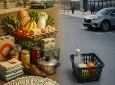 A split-era comparison shows abundant 1960s goods beside fewer modern goods to illustrate changing purchasing power.