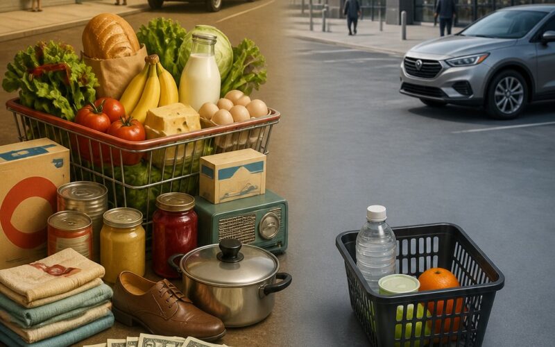 A split-era comparison shows abundant 1960s goods beside fewer modern goods to illustrate changing purchasing power.